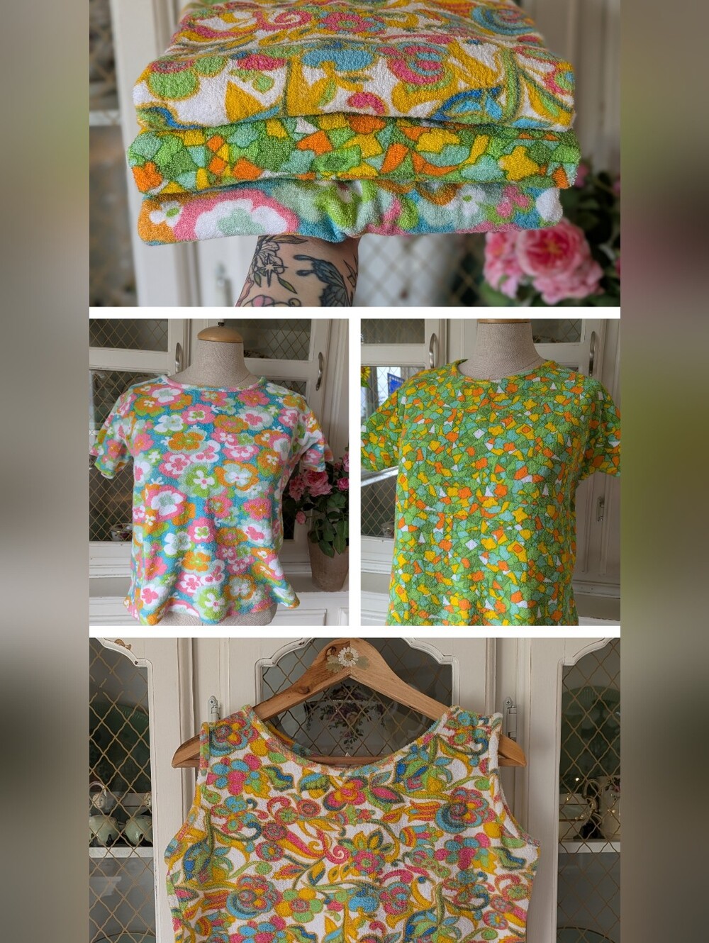 VTG 60s 3 Collection Bright Floral Terry Knit Tops Colorful Retro Print Women's